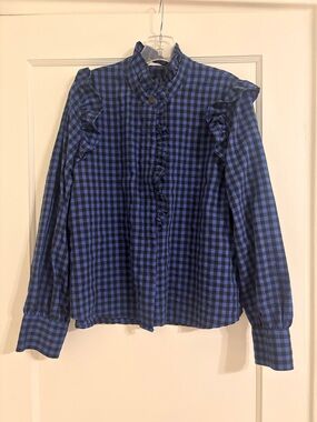 Mango Blue and Black Gingham Ruffle Button-Up Blouse